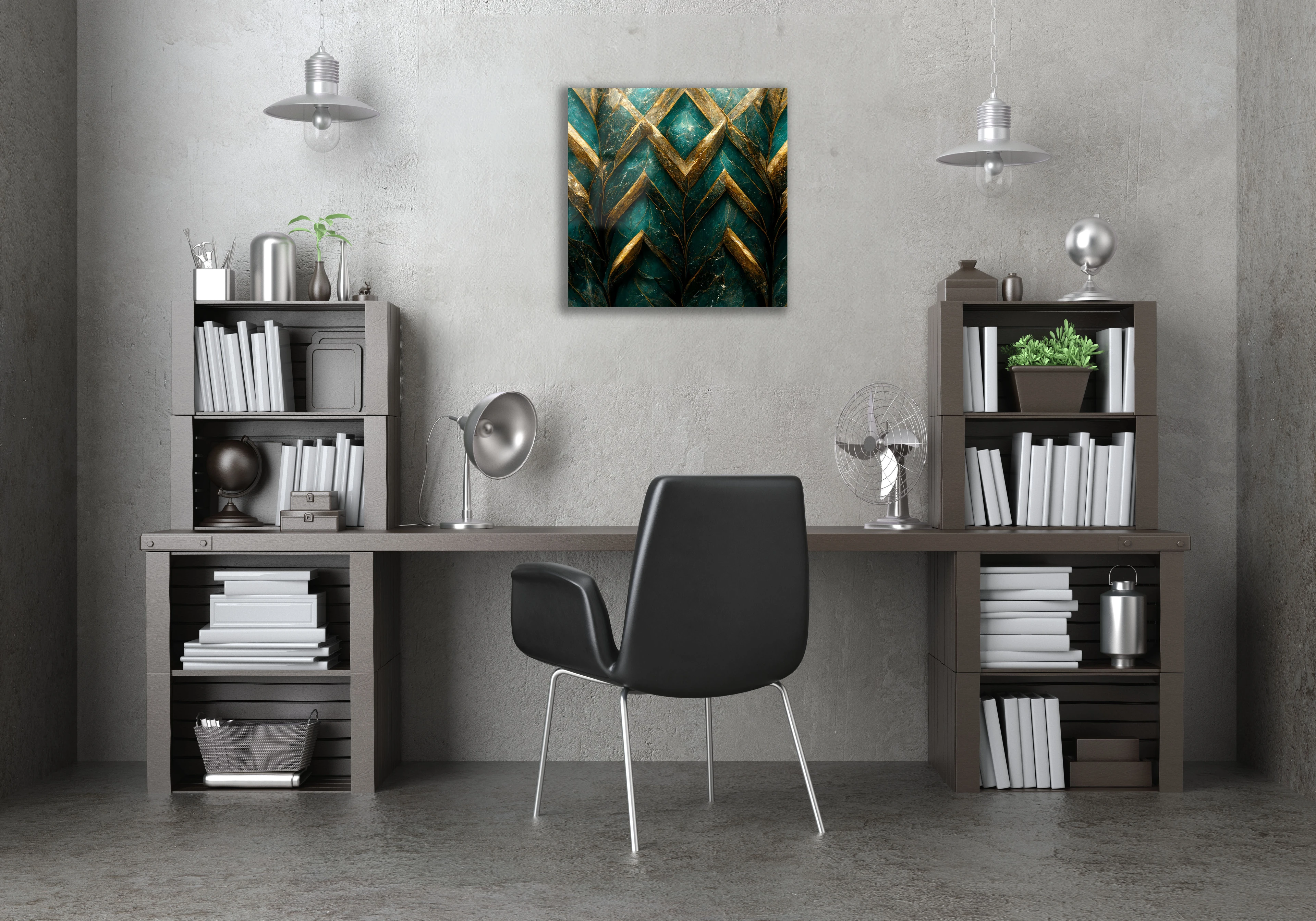 Altın ve Turkuaz Çiçek Desenli Mermer Makro Cam Tablo